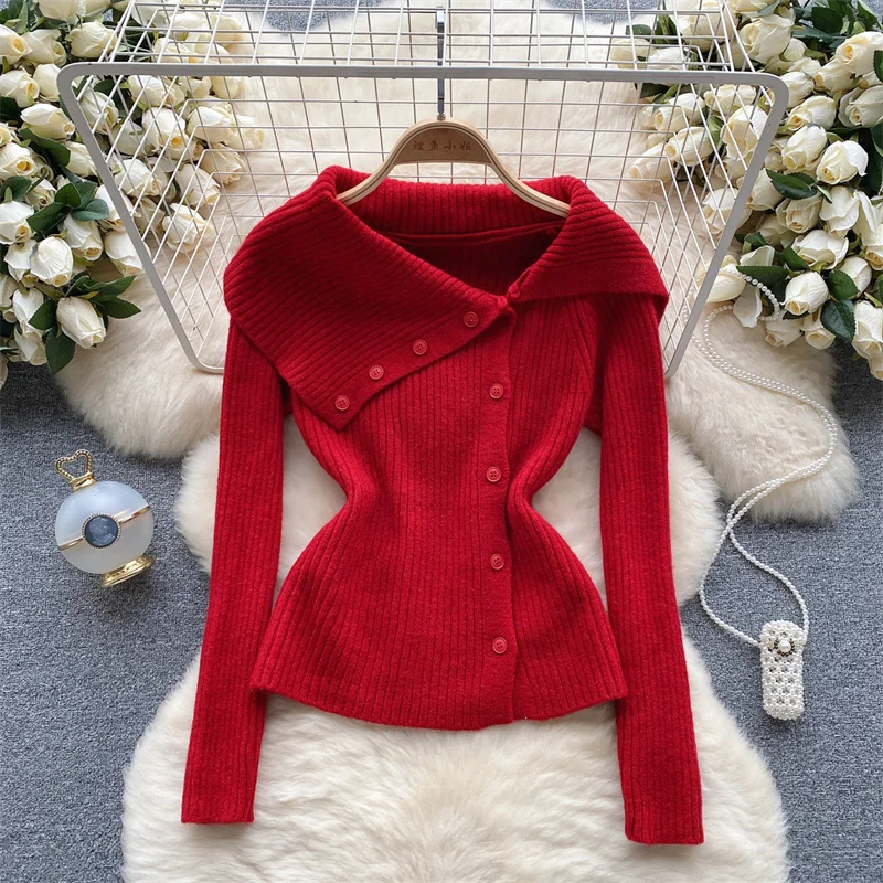 Korean Women Solid Color Slim Short Knit Jacket Irregular Lapel Single-breasted Long Sleeve Ladies Knitwear Red Blue Gray Purple