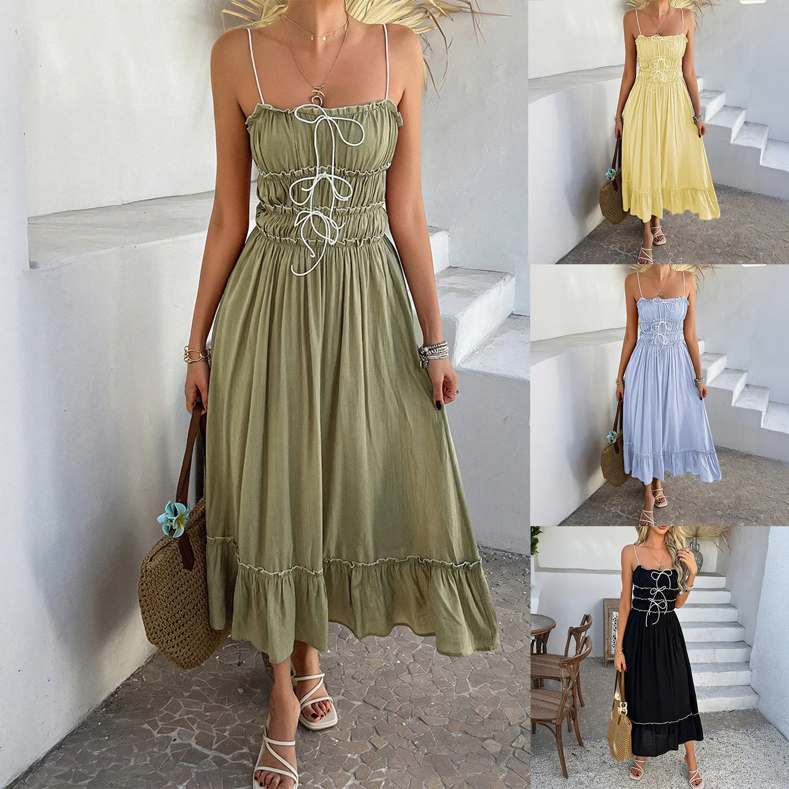 Robe d'été pour femmes, décontractée, vacances, couleur unie, détails de cravate, taille haute, Camisole, tendance, ligne a, Maxi