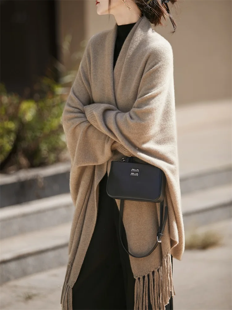 

Chic Women's Casual Elegant Comfort Autumn Winter 100% Merino Wool Knitted Tassel Long Shawl Warm Soft Solid Fashion