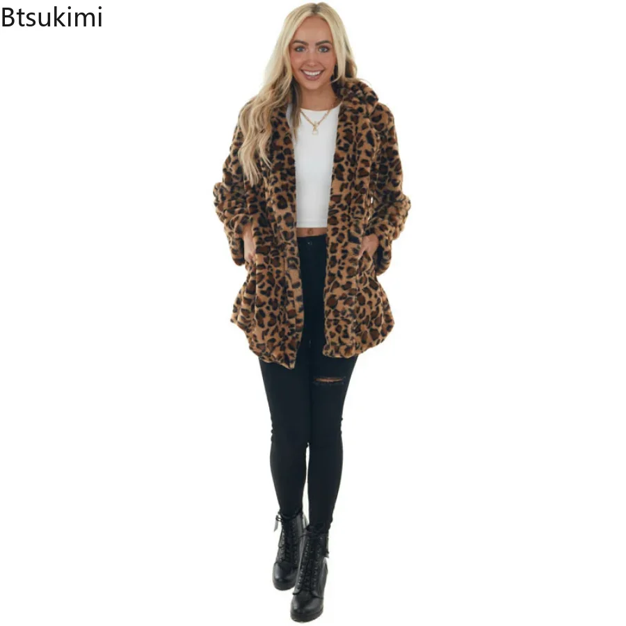 Casaco de couro de comprimento médio feminino, jaqueta de manga comprida com bolso, fino, casual, estampa leopardo, costura, outono, inverno, novo