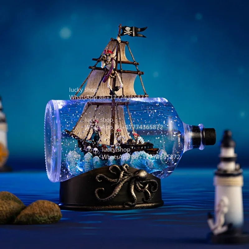 Pirate of The Caribbean Ship Ornament Vintage Drifting Bottle Premium Sense Crystal Ball Music Box Snow Decoration Healing Gift