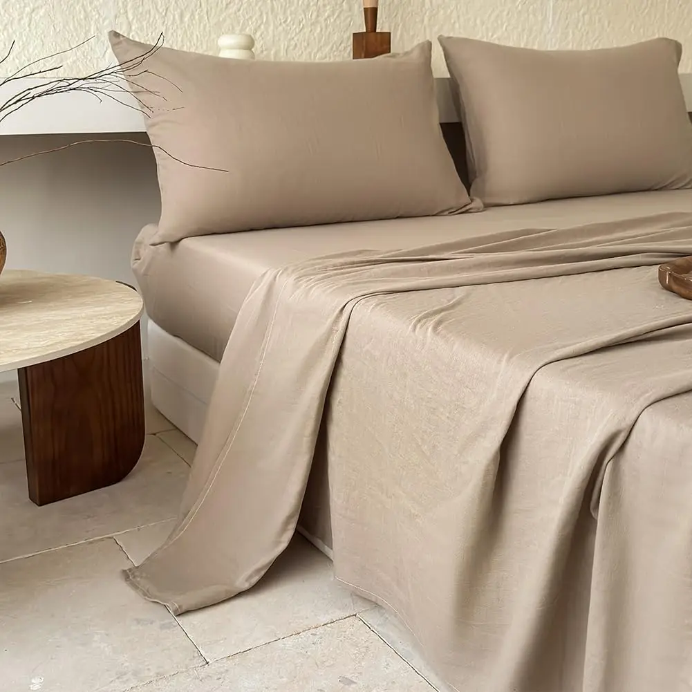 

100% Muslin Cotton Sheet Set, 2-Layer Washed Cotton Gauze,4-Pieces Bed Linen Sheet Set with Deep Pocket(Tannish Linen Gray,Full)