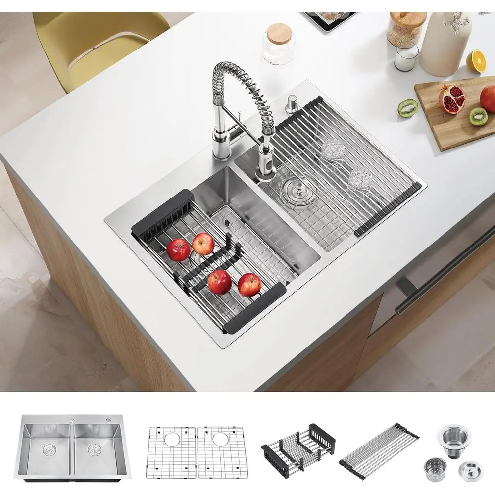 33 Inch Large Double Bowls Drop in Kitchen Sink, Nano Coating Stainless Steel Handmade Topmount