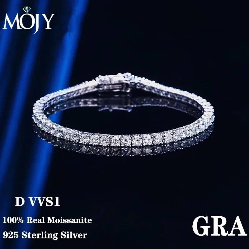 MOJY 3~4mm Real Moissanite S925 Sterling Silver with GRA Certificate Tennis Chain Unisex Bracelet Full Diamond Fine Jewelry