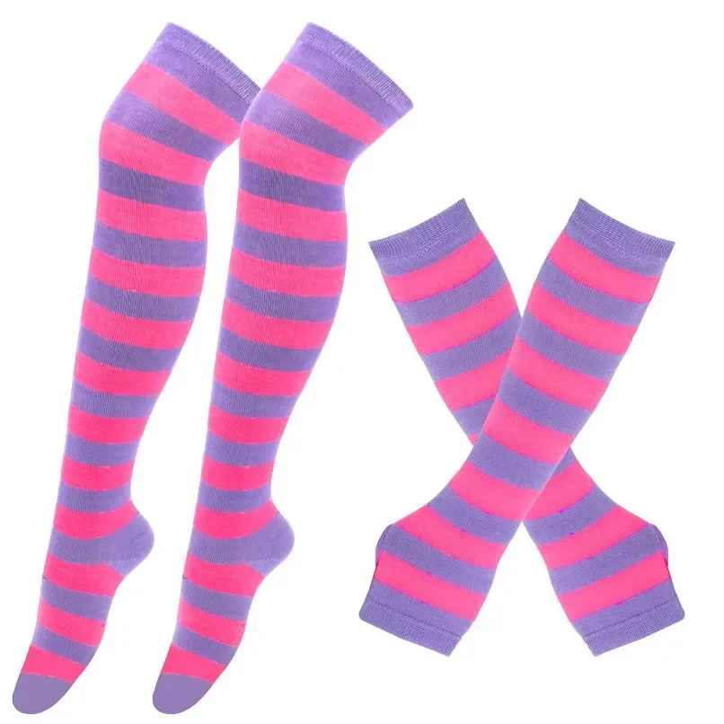 Womens Long Socks Striped Thigh High Stockings Mittens Arm Sleeve Gloves Set Ladies Girl Pink Black White Over Above Knee Lolita