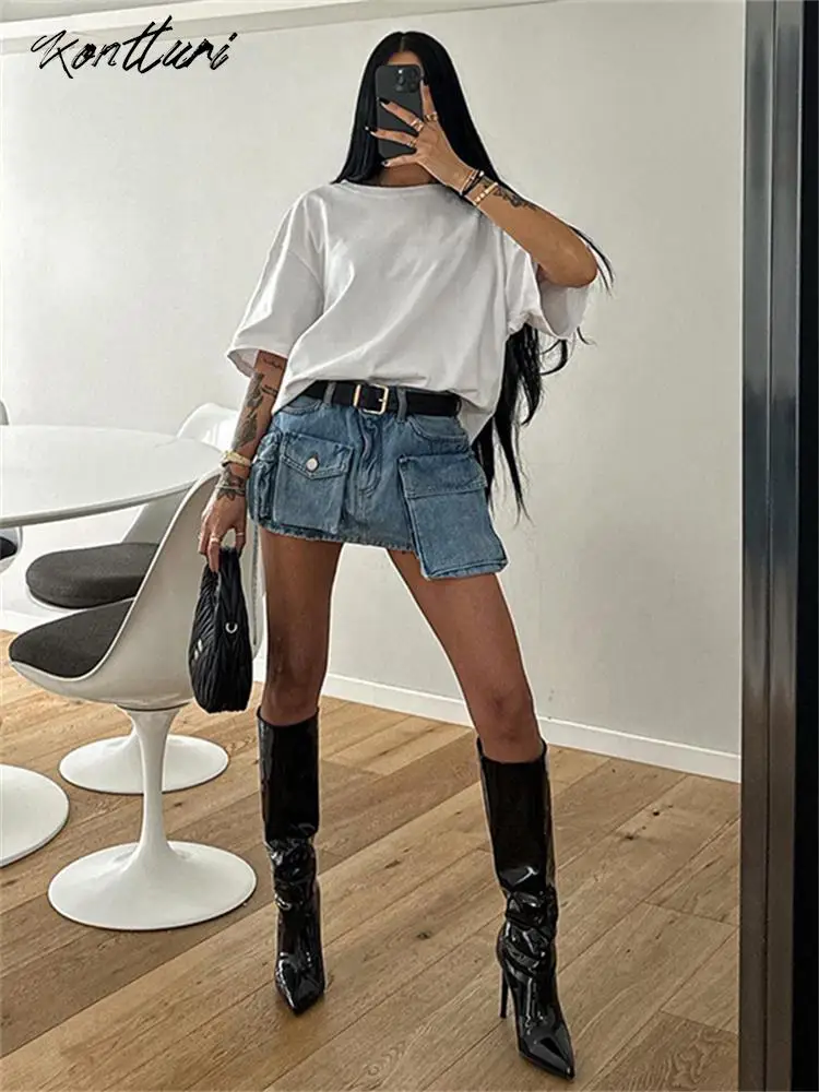 

Kontturi Summer Y2K Streetwear Tie Dye Jeans Skirts For Women 2023 High Waist Asymmetrical Pockets Skirts Blue Denim Mini Skirt