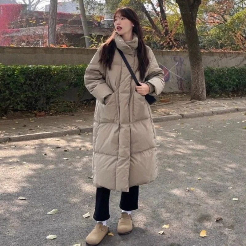 Women Khaki High Collar Maxi Long Cotton Coat Women Minimalist Straight Zip Up Big Side Pockets Warm All-match Winter Outer Coat