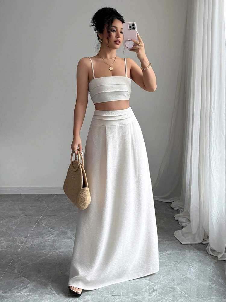 

New Summer Fashion Woman's Sleeveless Set,Two Piece Set,White Sets,Casual Sets,Elastic Waist Dresses,Elegant Sets For Ladies