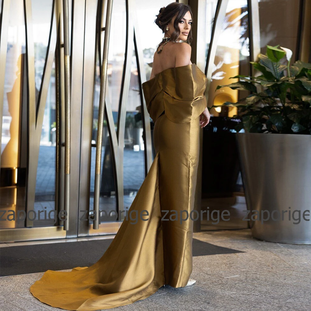 2024 Brown Elegant Party Dresses Woman Satin Pleat Sweep Train Evening Dress Straight Off-the-shoulder Dress Long