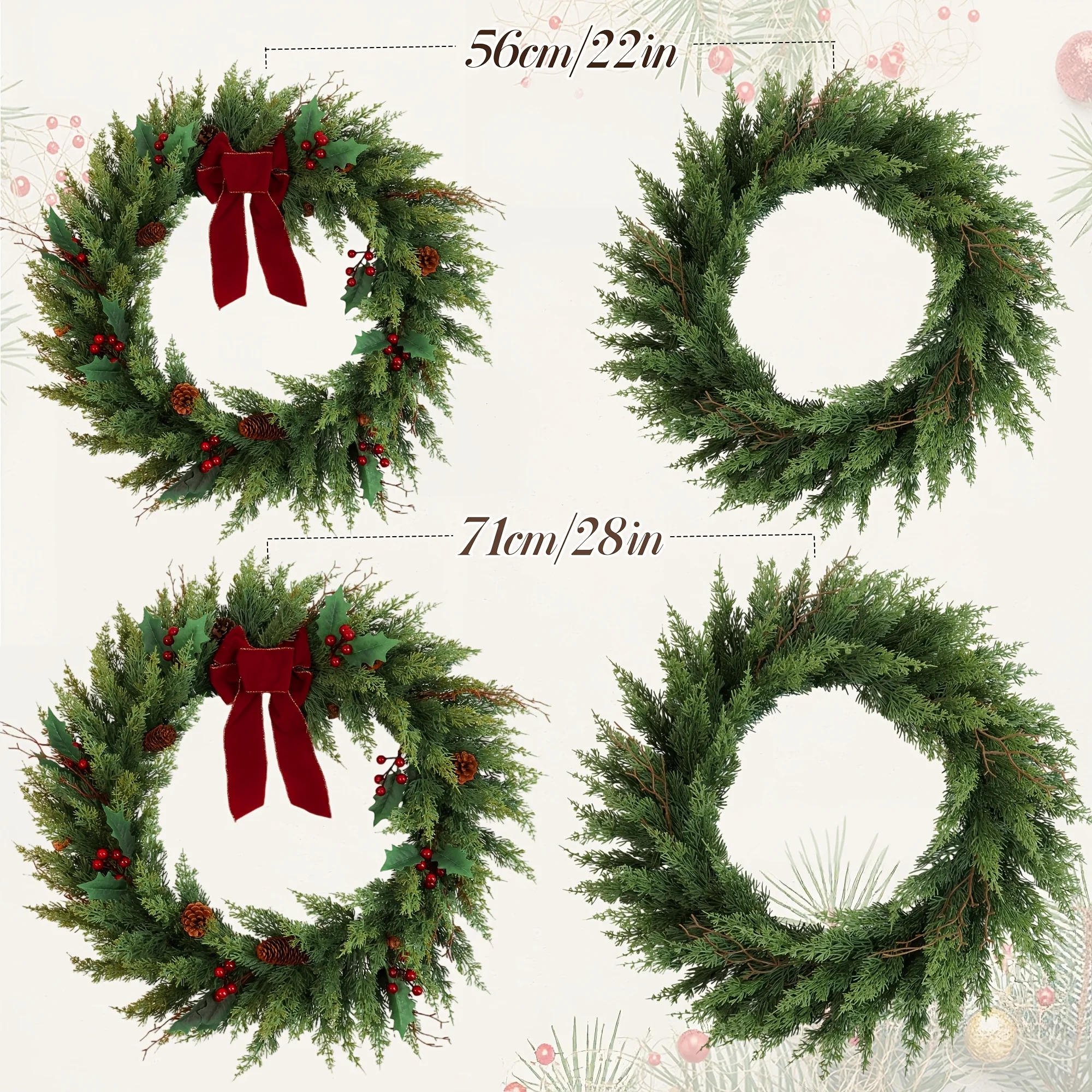 22/28 Inch Artificial Christmas Wreath For Front Door, 2 Styles And Sizes Foldable TPE Evergreen Wreath With Natural Pine Cones, Red Berries, Holly Leaves And Velvet Bow, Unlit Holiday Decor For Porch, Wall And Fireplace