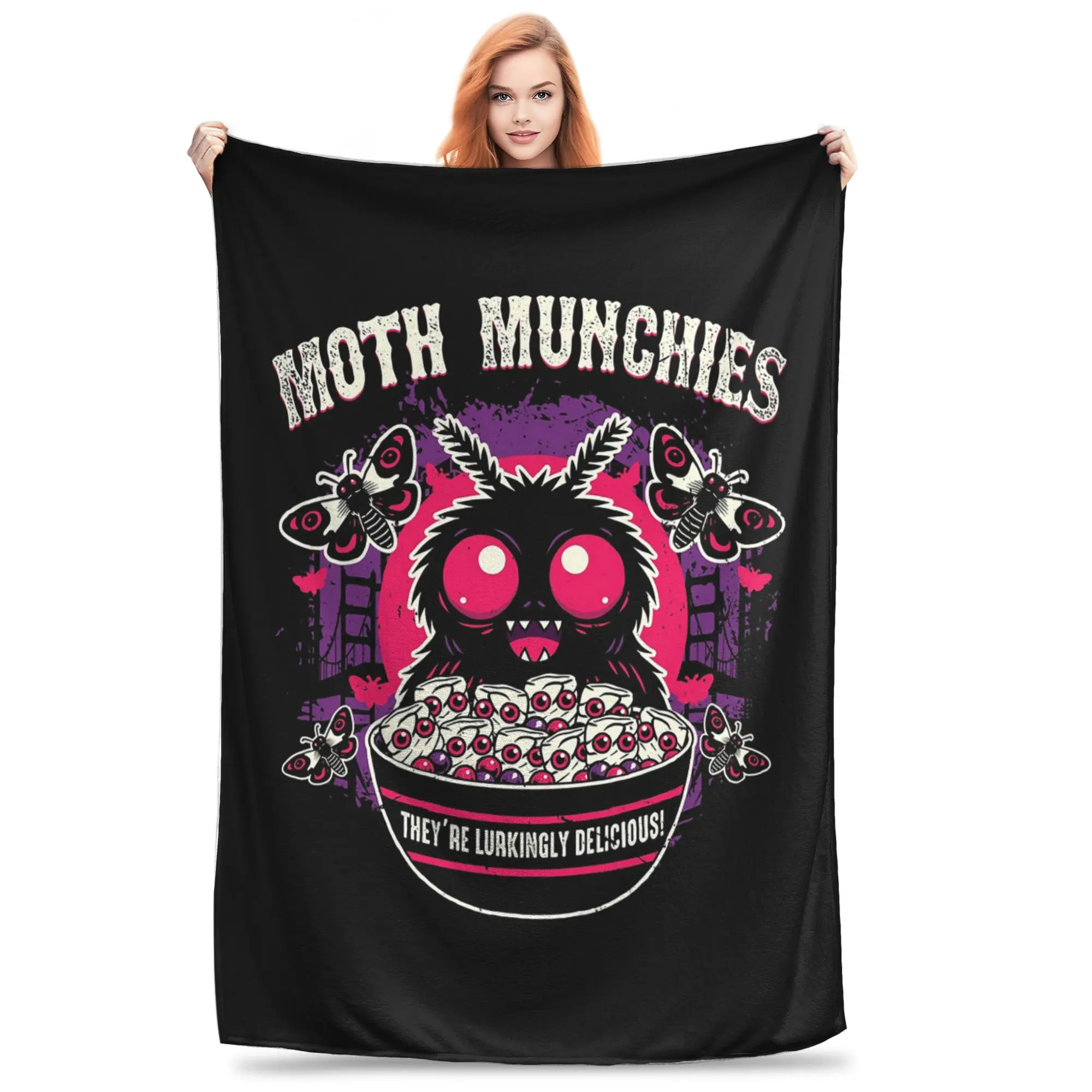 

Moth Munchies Cute Mothman Cereal Box Retro Neon Cryptid Cartoon Art Blankets Flannel Sofa Throw Blanket for Home Bedroom Travel