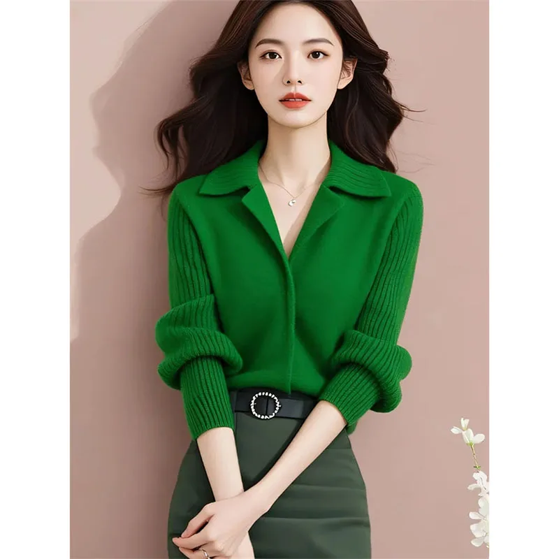 Women's Spring Autumn Winter Green Knitted Sweater 2025 New Slim Korean Version Popular Polo Long Sleeved Cardigan Jacket Top