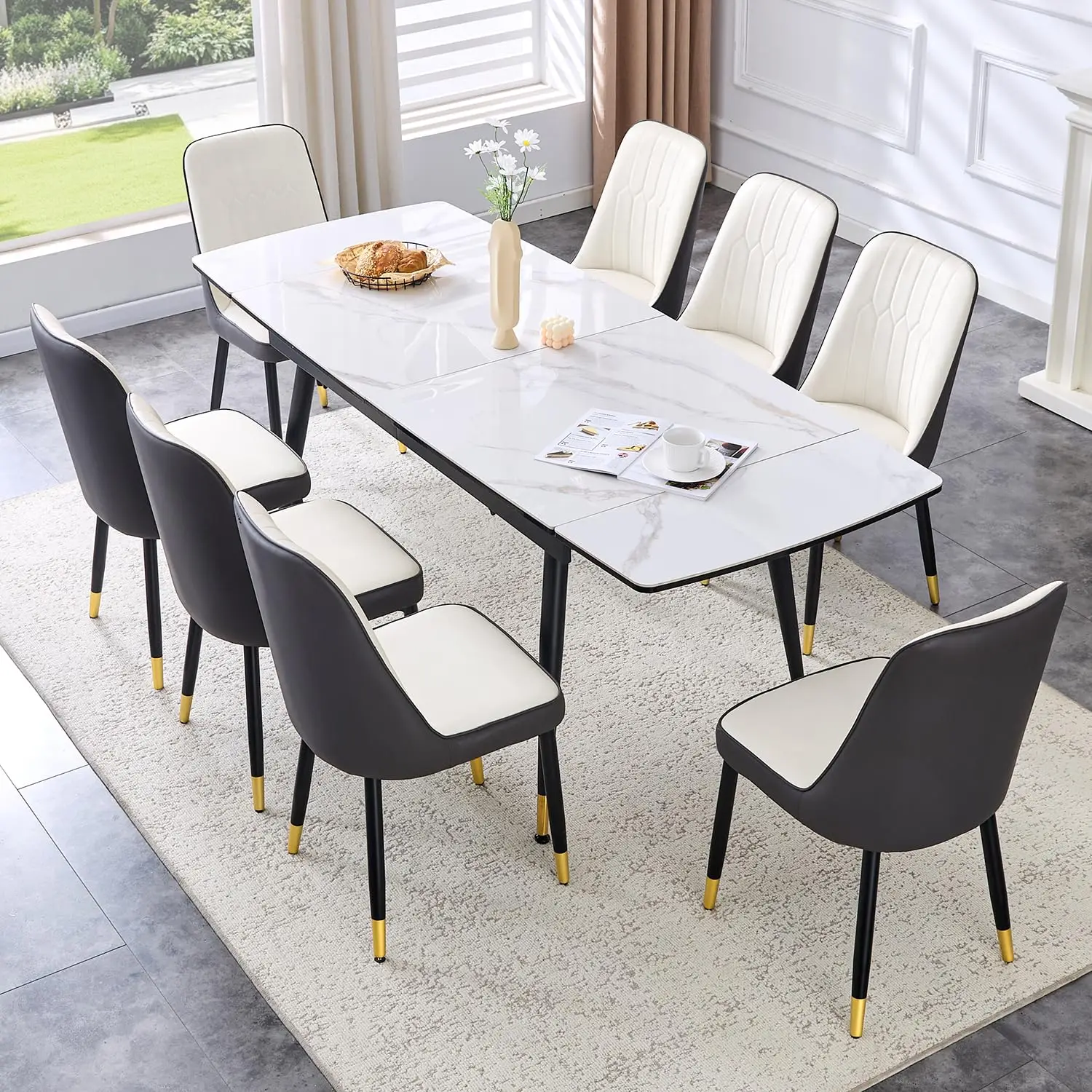 79" Extendable Dining Table Set for 8, Faux Marble Dining Table with Chairs