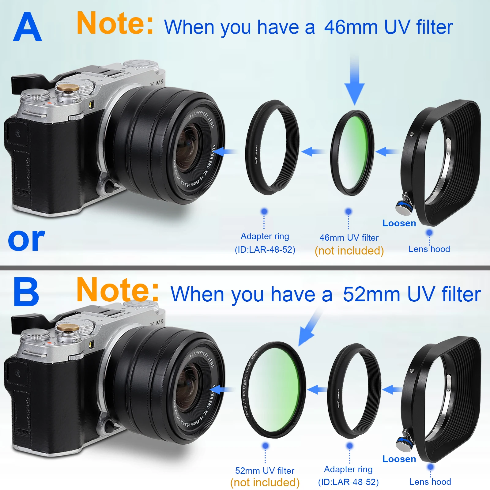 Haoge 52mm Square Metal Lens Hood Shade for Fujifilm XC15-45mm f