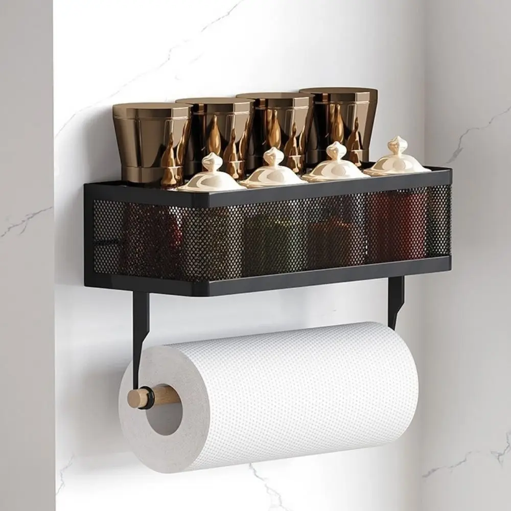 Wall Mounted Spice Storage Rack Large Capacity Space Saving Cling Film Storage Rack Strong Load-bearing with Paper Towel Holder