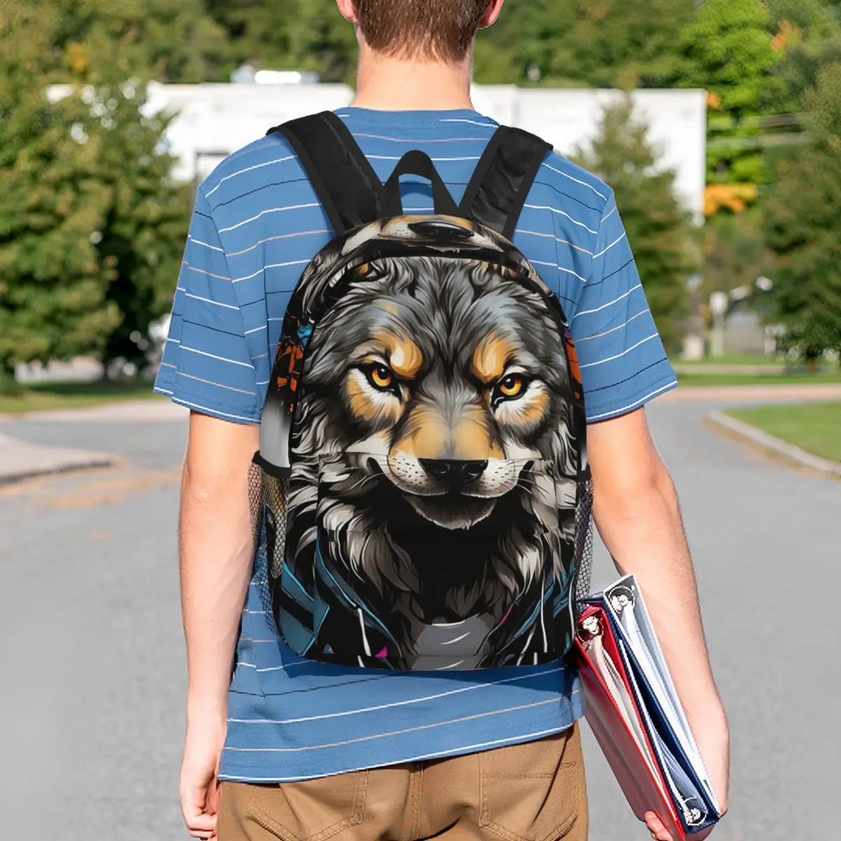 Neon Graffiti Wolf With Headphone Backpack Student BookBag Kids School Bag Laptop Shoulder Bags for Men Women