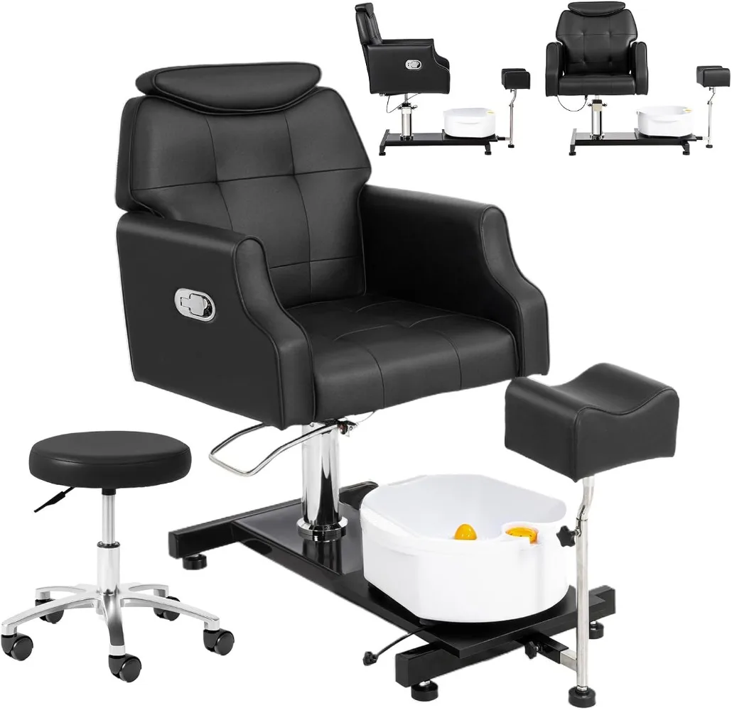 Pedicure Chair w/Stool & Bubble Massage Foot Bath, 360° Rotation Hydraulic Adjustable Seat, Pedi Station for Foot Nail Tech