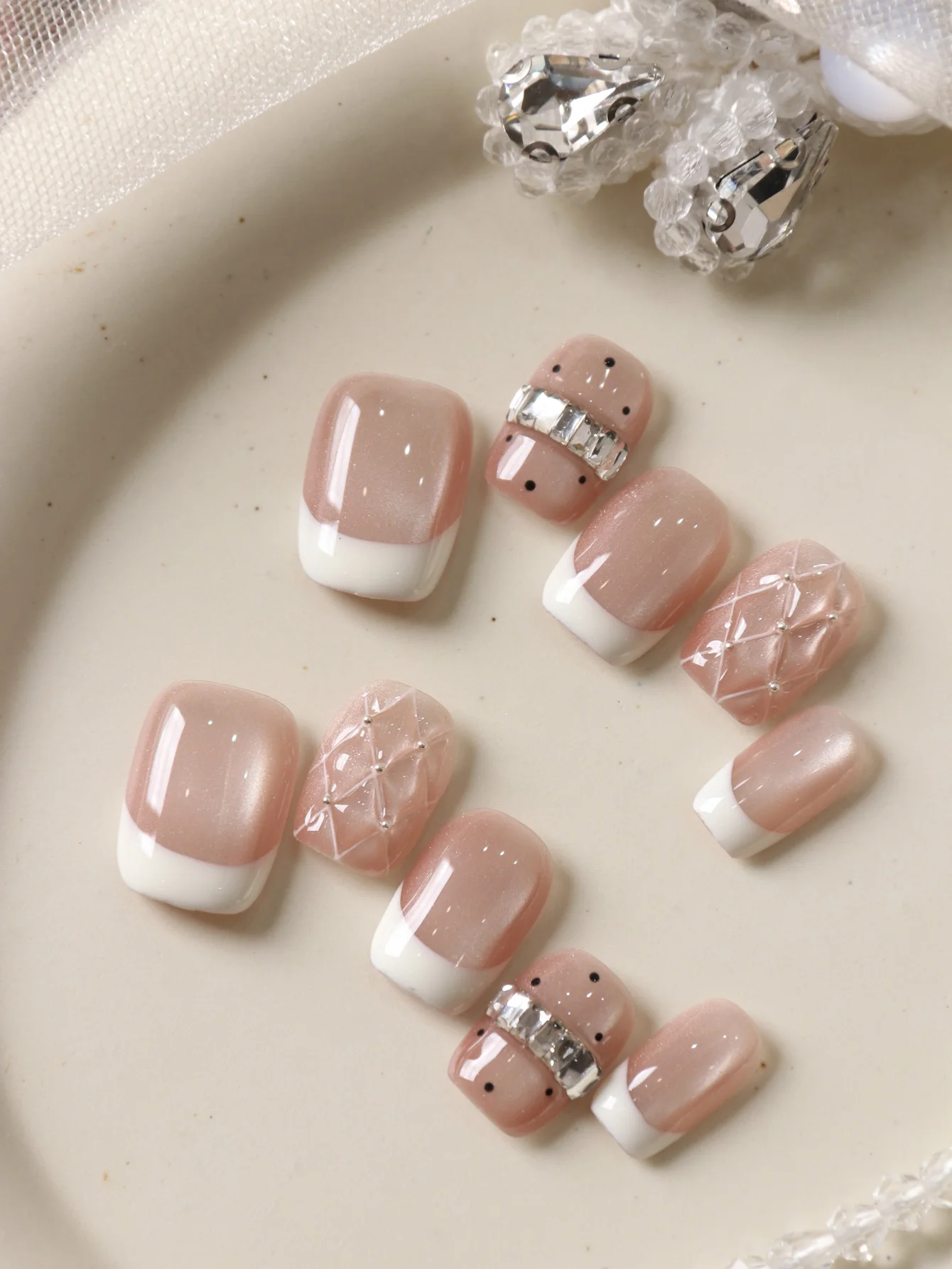 10Pcs Acrylic Press-On White French Cat's Eye Diamond Grid Fake Nails Includes 1 Sheet of Adhesive Tabs & 1 Pc Mini File
