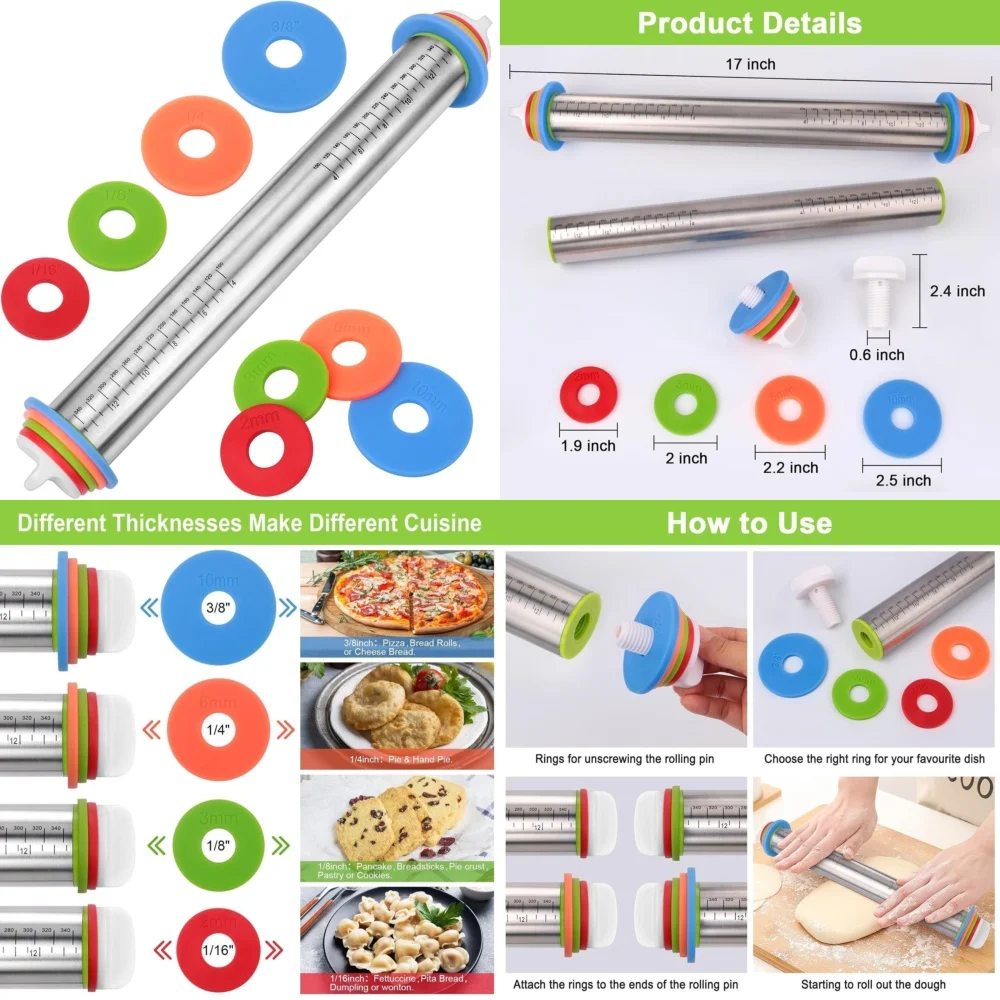 

Adjustable Rolling Pin with Thickness Rings Stainless Steel Non Stick Dough Roller for Baking Cooking Kitchen Tool 1 Piece