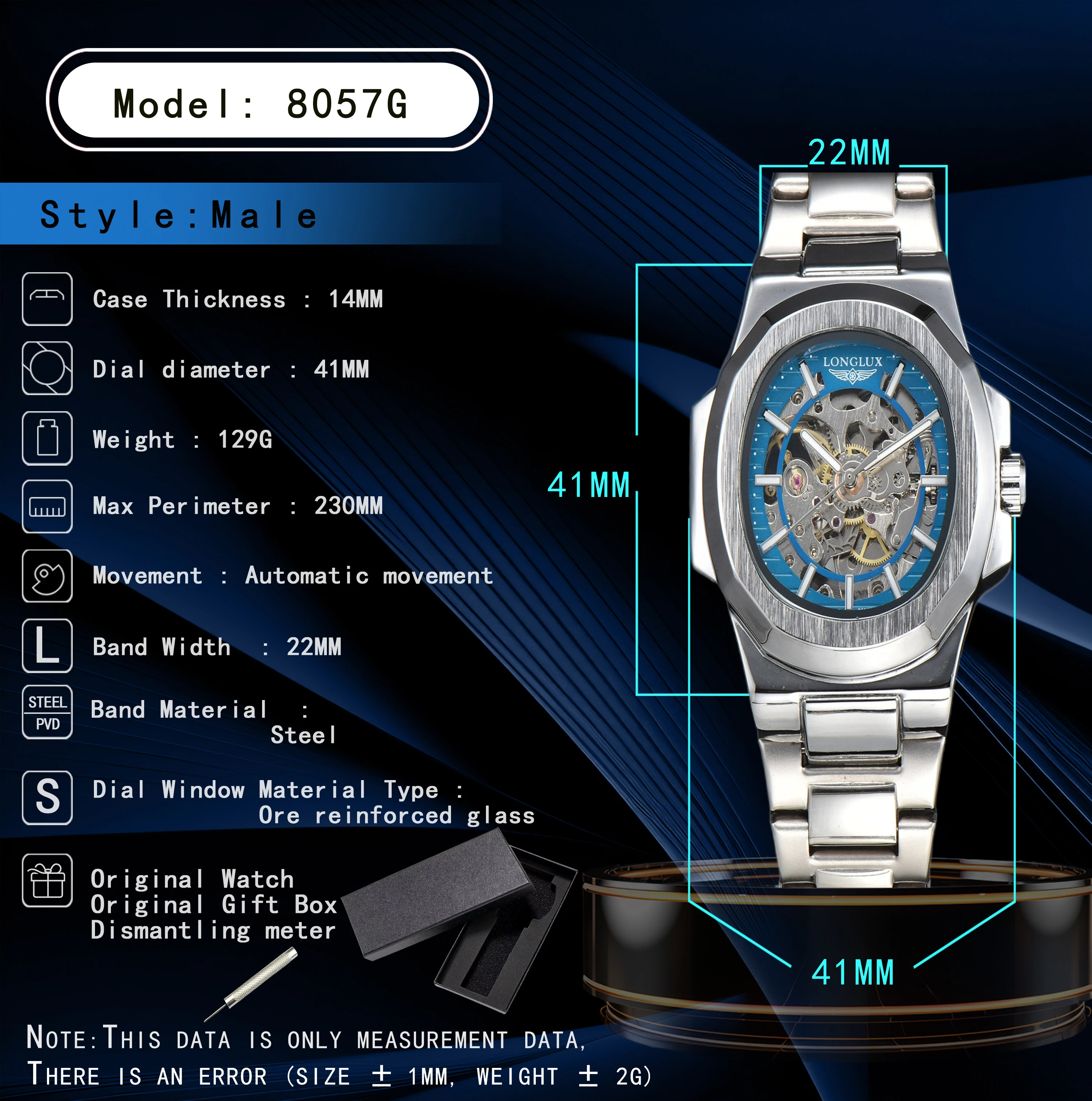 LONGLUX automatic watch luxury wholesale mechanical wristwatches stainless steel skeleton waterproof  mens watch men gift