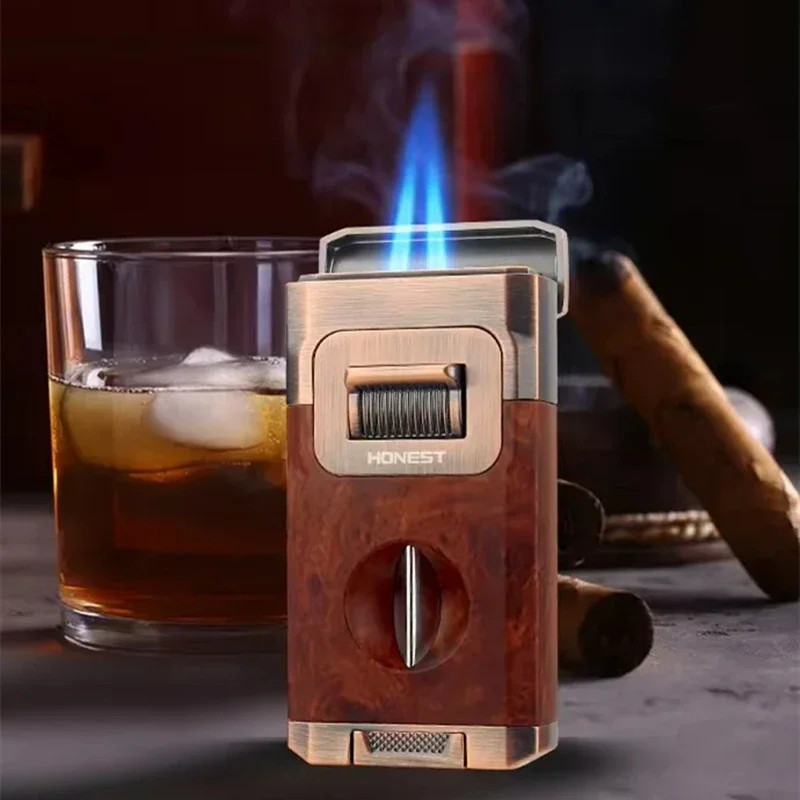 Metal High-end Cigar Lighter with Unique Wind Proof V-shaped Cutting Double Jet Flame Butane Gas Lighter Cigar Accessories