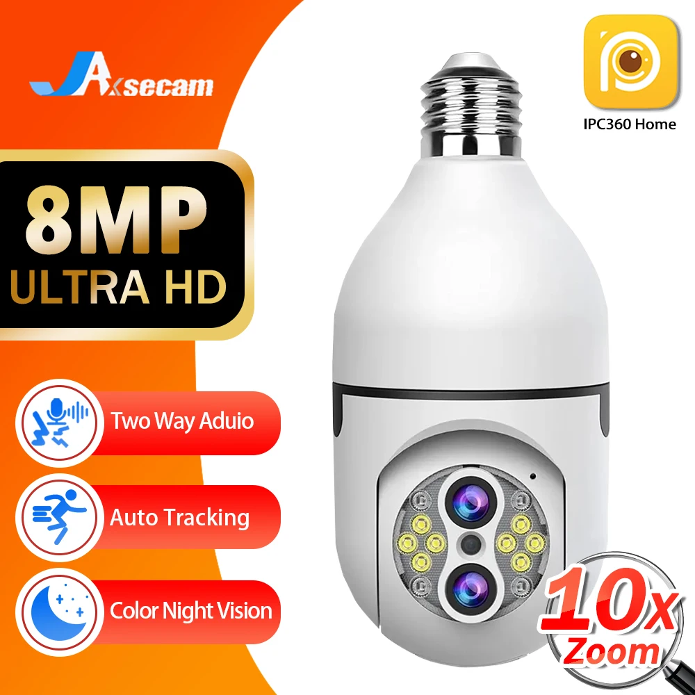 

8MP 4K E27 Bulb Camera WiFi Baby Monitor 10X Zoom Auto Tracking Indoor Video Surveillance Home Security Cam Floodlight Carecam