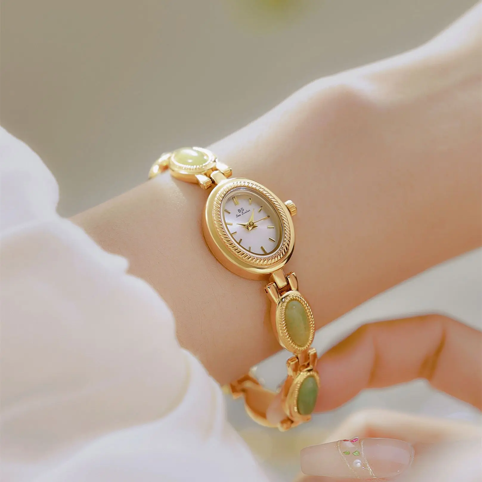 Luxury Natural Gemstone Bracelet with Oval Dial Gold Silver Steel Strip Quartz Watch with Elegant Women's Jewelry Reloj