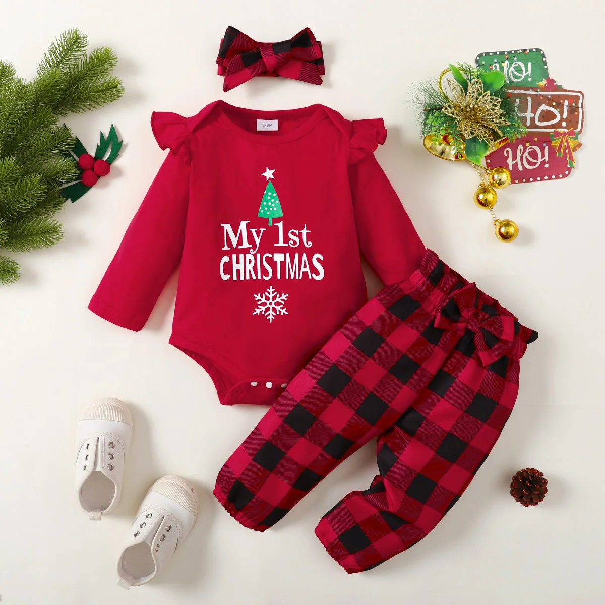 3PC Christmas Set Letter Printed Long sleeved Bodysuit  Bow Checkered Pants+ headband Suitable 0-18 Months Baby Girl Holiday Set