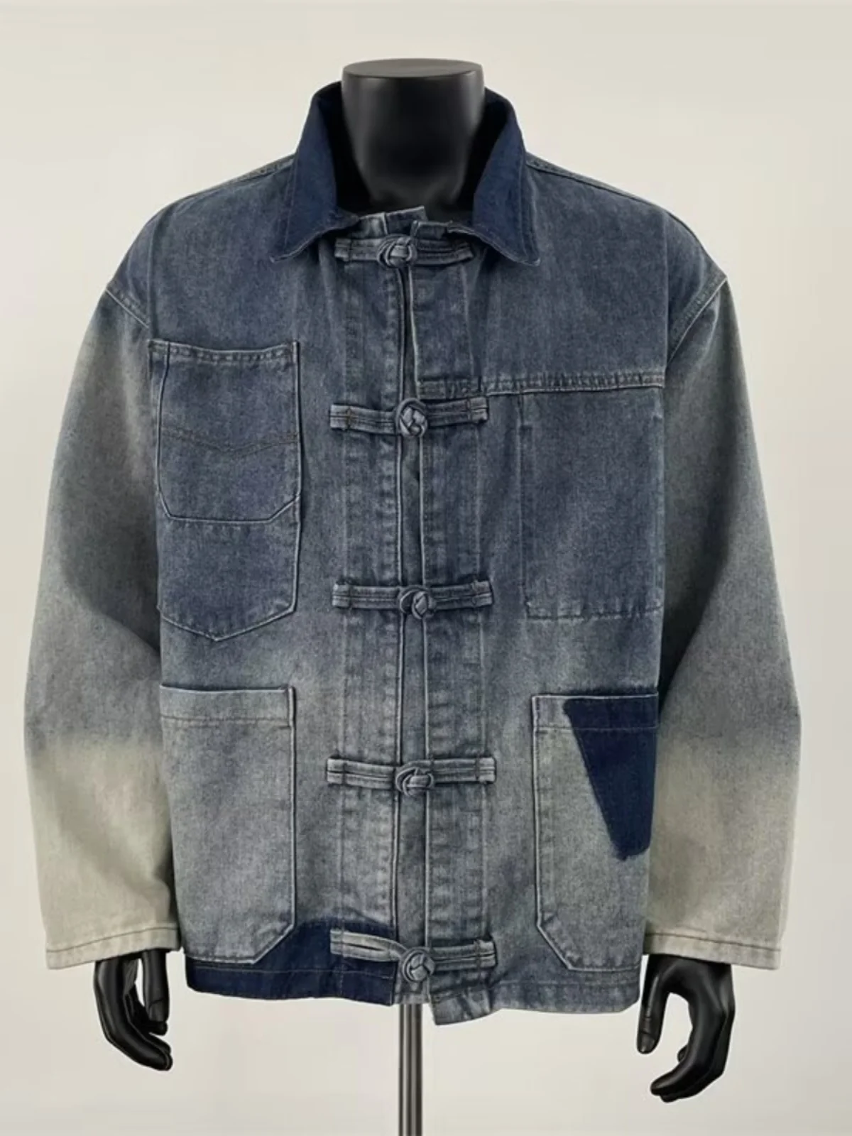 

New Chinese Sle Patchwork Denim Jaet Men's Women's Design Sensation Color Colion Waed Old Sle Collar Jaet