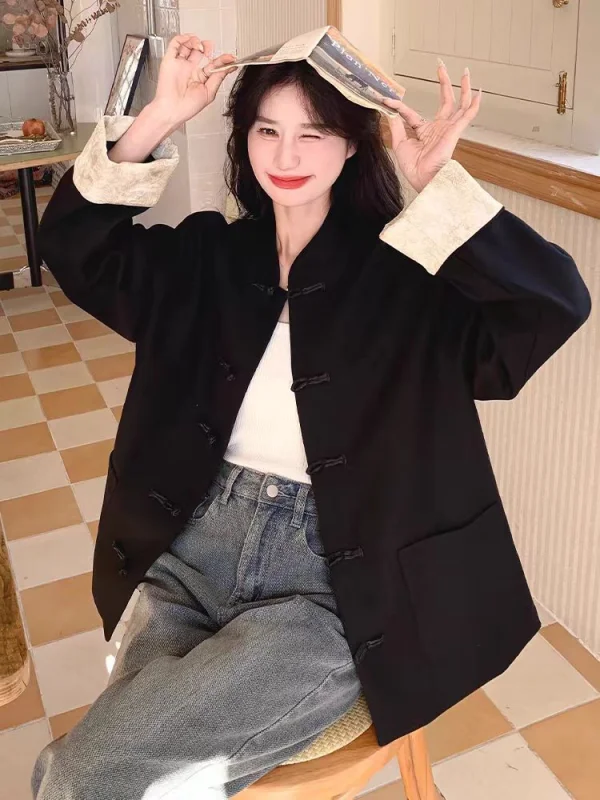 

Extra Large 300 Pou New Chinese Sle Button up Stand Collar Casual Loose Jaet for Men And Women Autumn Season Leisure Coat