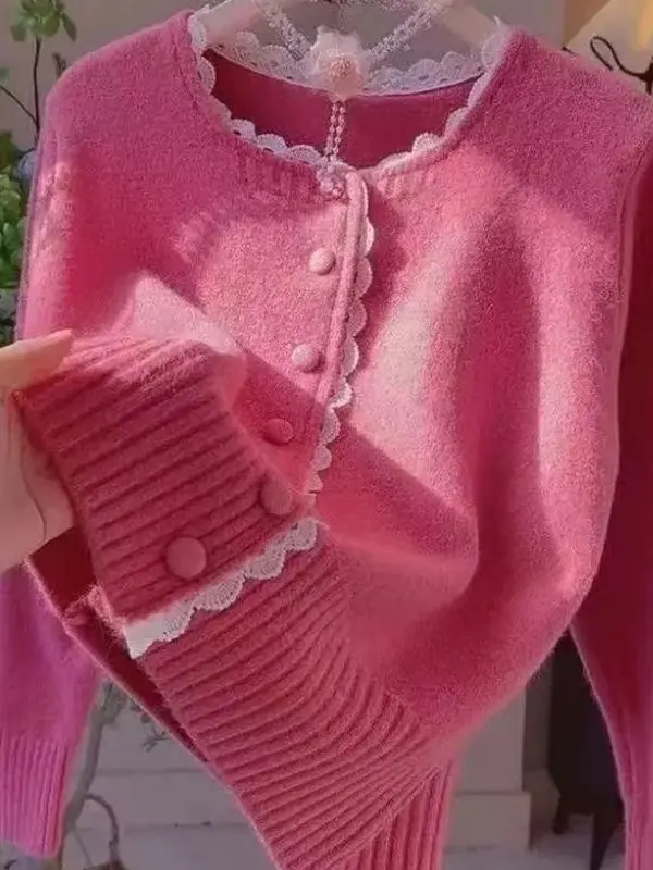 

Ay Вязаный открытый кардиган с кружевной отделкой на одной пуговице, женский осенне-зимний дизайн, корейский универсальный квадратный свитер Ne...