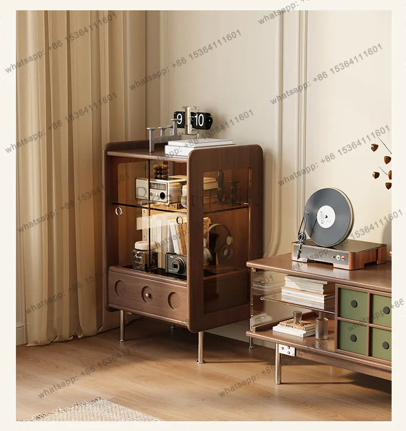 French retro flow shadow solid wood side cabinet large capacity storage medieval tea cabinet glass figure display