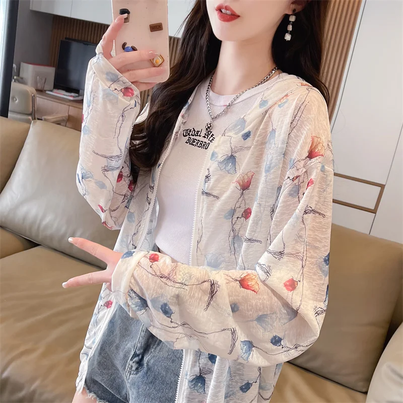 Spring Summer Clothes for Women\'s Hooded Zipper Plant&Flowers Printing Lantern Long Sleeve Cardigan Hoodies Coats Casual Tops