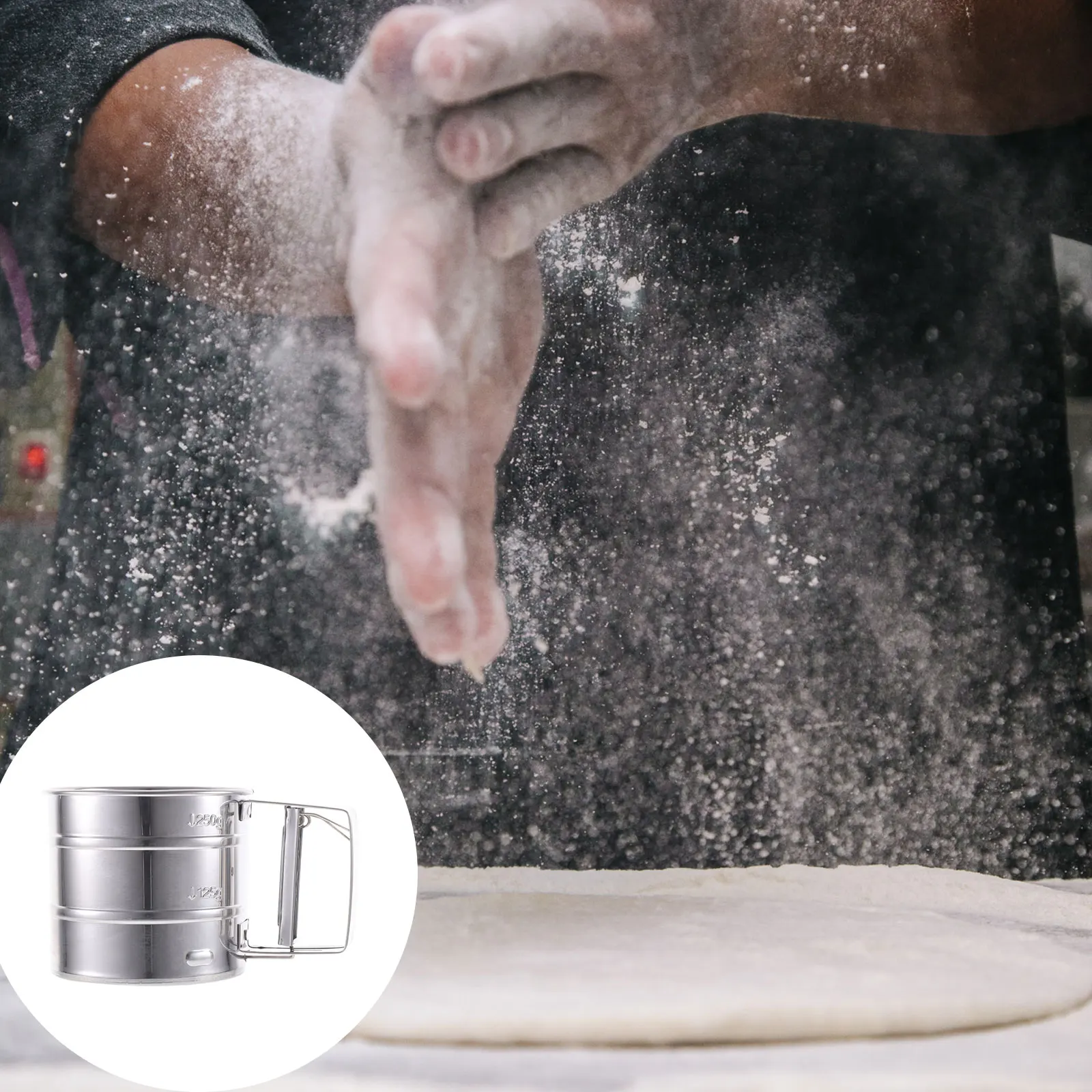 

Semi-Automatic Stainless Steel Flour Sifter Cup Baking Sieve for Cake Bread Powder Sugar Duster Sifter for Powdered Sugar