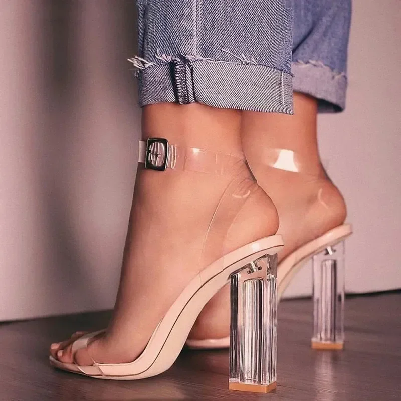 Clear Heels Sandals Women PVC Transparent Heels Summer Shoes Woman Party Suede Ankle Strappy Sandalias Mujer  Female Sandals2024