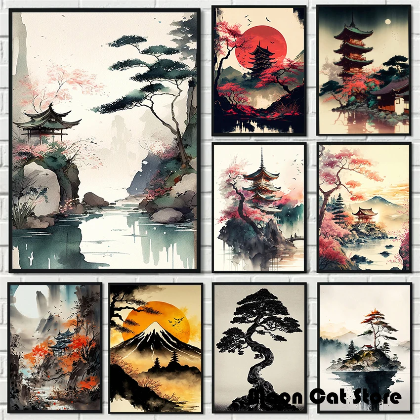 Japanese Zen Landscape Poster Bonsai Tree Peaceful Pagoda Temple Cherry Blossom Canvas Painting Wall Art Pictures Home Decor