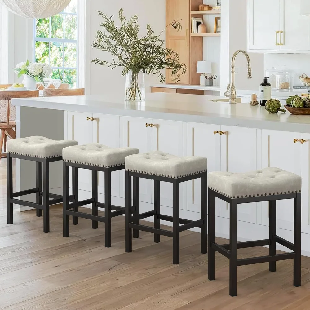 

Counter Height Bar Stools, 24 Inch Saddle Backless Bar Stools Set of 4 Faux Leather Counter Stools with Black Metal Legs