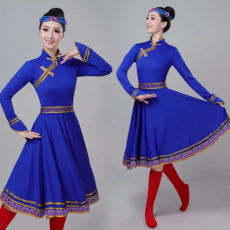 Stage New female adult ethnic minority performance costume display clothing square full-length skirt Mongolian dance costume