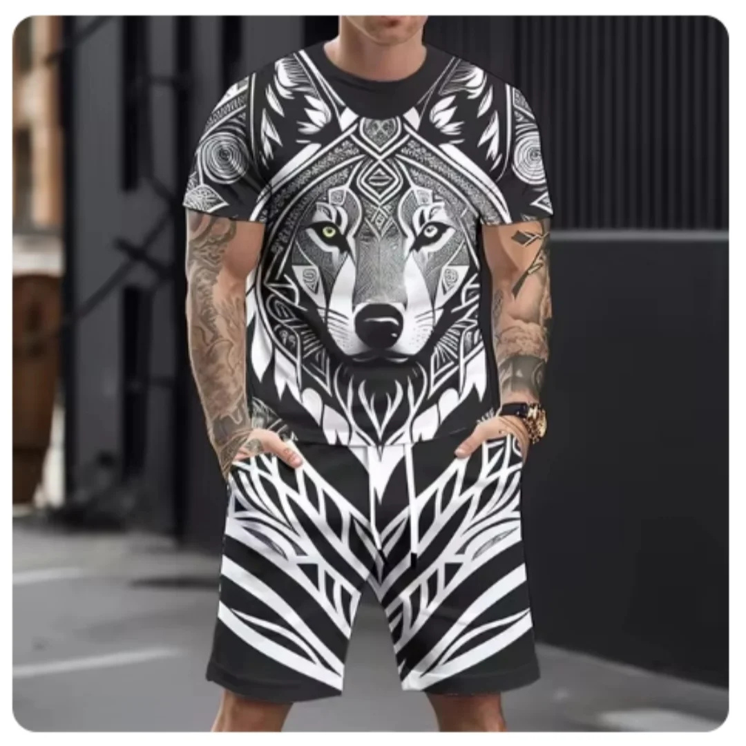 2025 Super Large Loose Men's Top Y2K Style Set, Men's Summer Leisure Breathable Set, Leisure Sports Set, Printed 3D Wolf Pattern