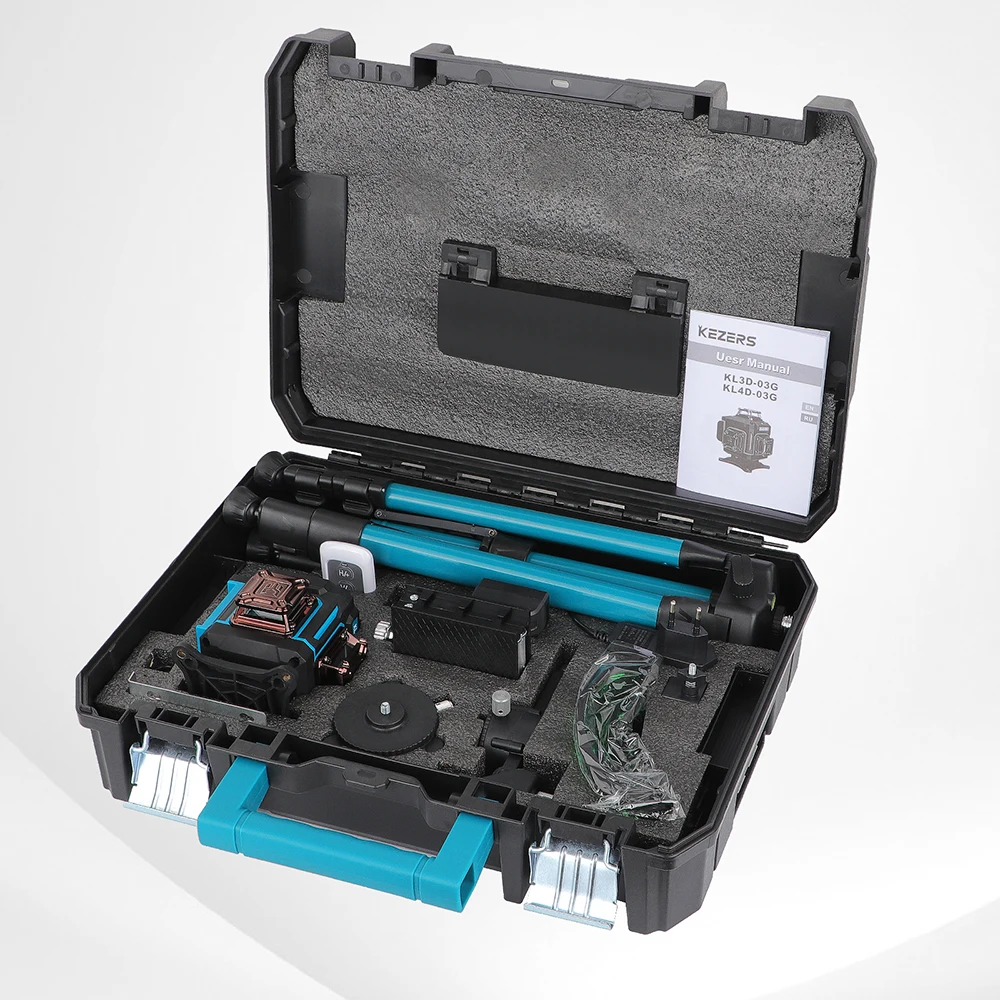 Imagem -02 - Kezers-display Nível Laser Verde com Mala de Controle Remoto Bateria Li-ion 16 Linhas 4d 360 Kl4d03g 4000mah 1m Tripé