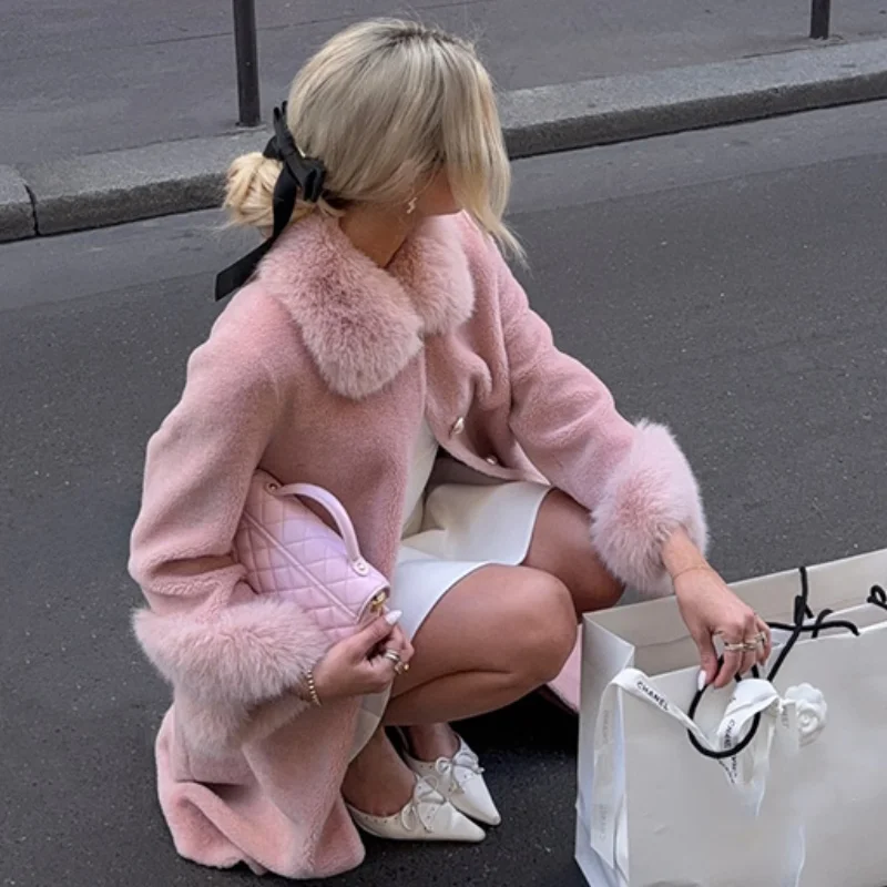 

Elegant Faux Fur Collar Pink Jacket For Women Cute Collar Long Sleeved Warm Coats New Lady Autumn Winter Commuting Streetwear