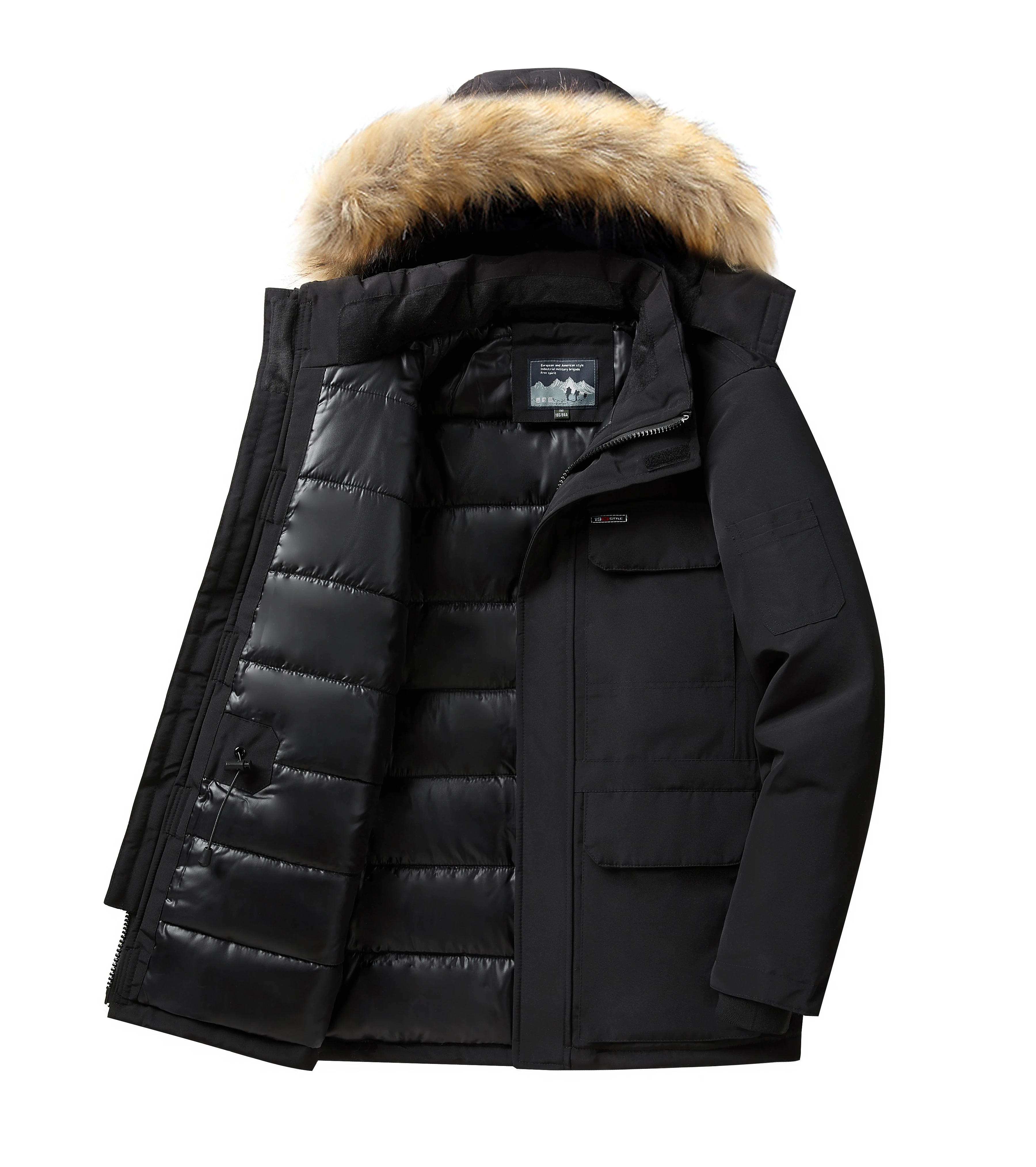 -30 درجة الشتاء أسفل سترة الرجال أسفل القطن سترات معطف منتصف طول كبير الفراء طوق الذكور رشاقته معطف الثلوج سترة #5