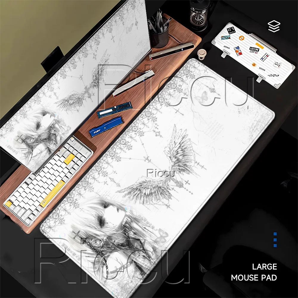 Mousepad Black White Anime Aesthetics Angel Mouse Pad Office 400x900mm PC Gaming Keyboard E-Sports Carpets HD printing Desk Mat
