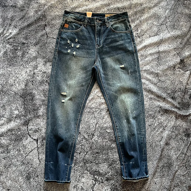 

Классические мужские джинсы с пятью карманами, свободного прямого кроя, из плотного денима, с рваными элементами, в винтажном стиле, молодежные, повседневные, хлопковые брюки