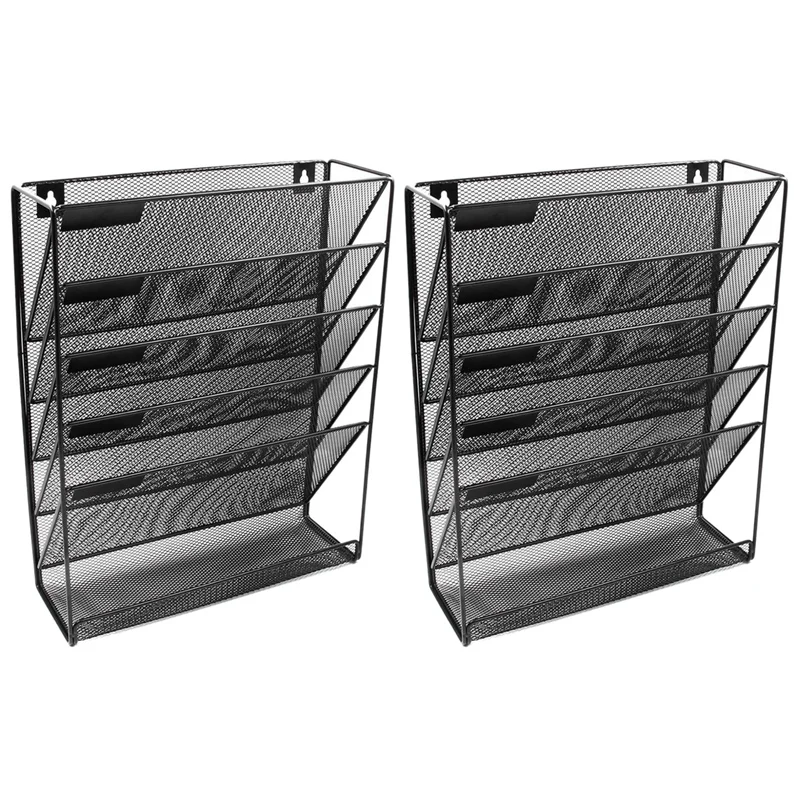 

2X Metal Mesh Wall-Mounted Magazine File Rack Office Desk 5 Layer Interval Archive File Magazine Storage Black