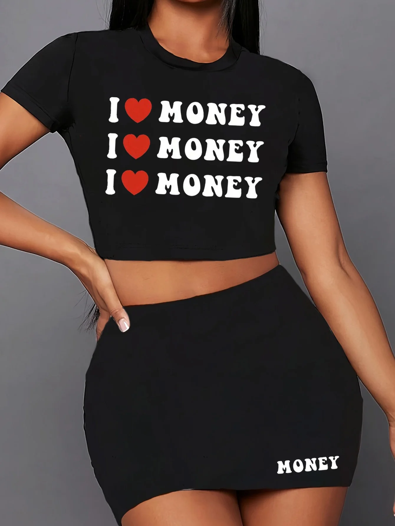 i love money letter print two piece set, short sleeve round neck t-shirt & skirts, women's clothing