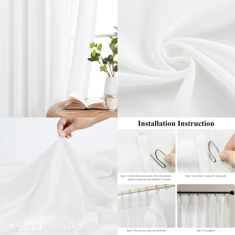 

108 Inch Long Pinch Pleat Sheer Curtains for Home, White Soft Fabric, Farmhouse Style, Custom Sizes, 58W x 108L Pair