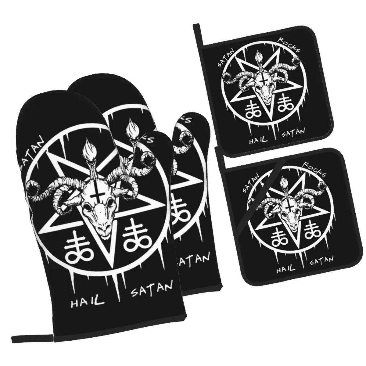 

Hail Satan Rocks Satanic Occult Oven Mitts and Pot Holder Sets of 4 for Baking Kitchen Cooking BBQ Resistant Non-Slip Gloves