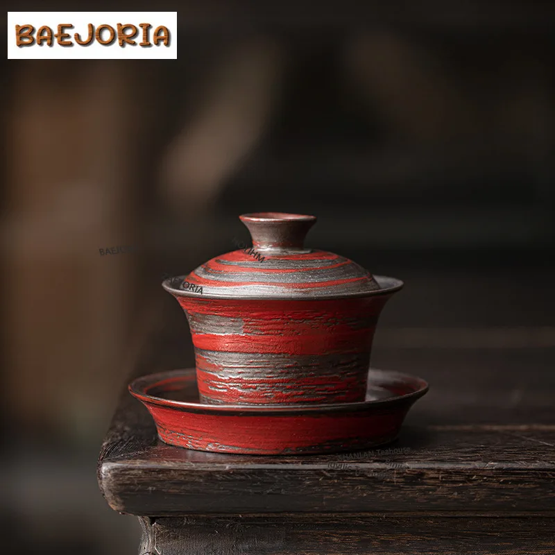BAEJORIA Wabi Sabi Sandalwood Red Coarse Pottery Gaiwan Vintage Tea Tureen Tea Bowl With Lid Kit Tea Maker Cover Bowl Tea Items
