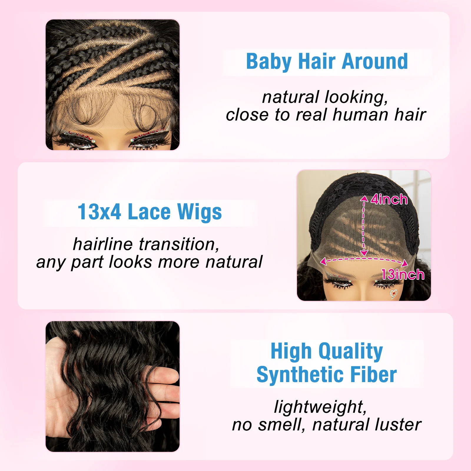 26 Inches Synthetic Lace Frontal Cornrow Braided Wigs with Baby Hair Curly Wave Wavy Braids Wig for African Black Women